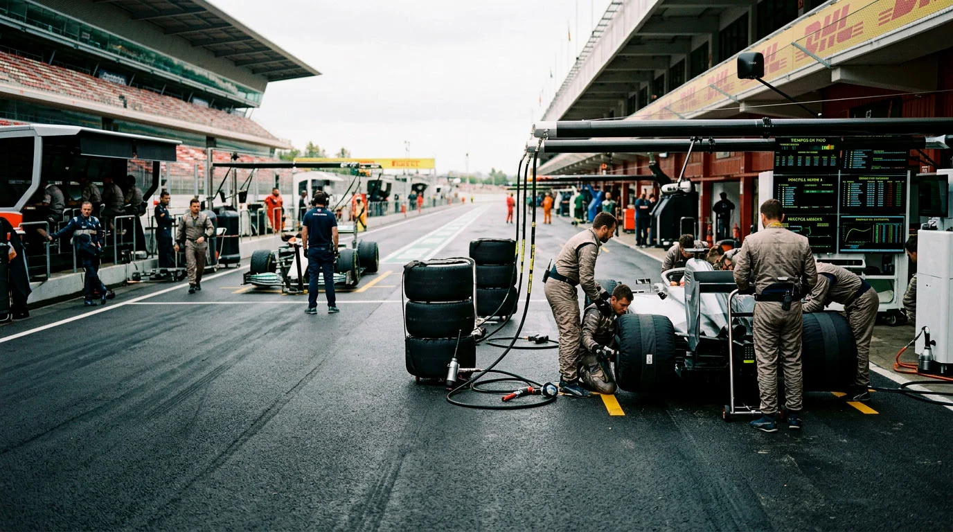 Actividad en el pit lane de Fórmula 1 durante los entrenamientos libres del viernes